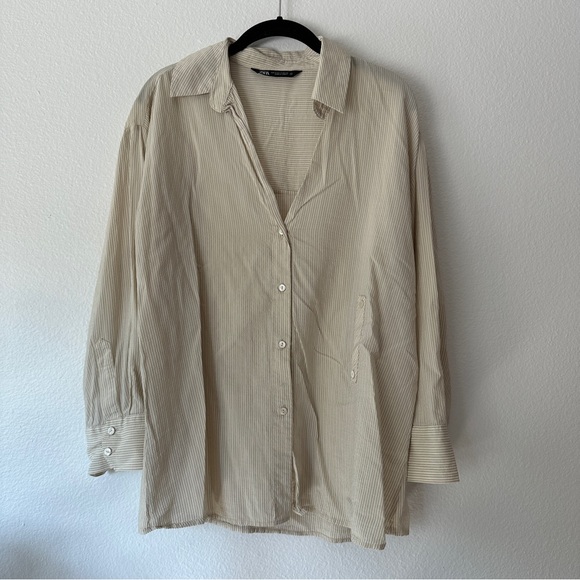 Zara Tops - ZARA Beige Pinstripe Button-Up Shirt - Long Sleeves, Relaxed Fit, Medium
